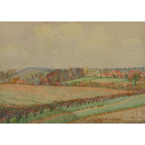 3034 - Albert Edward Victor Lilley - Rural landscape with fields before a village, watercolour, inscribed v... 