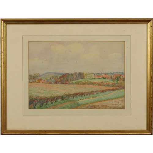3034 - Albert Edward Victor Lilley - Rural landscape with fields before a village, watercolour, inscribed v... 