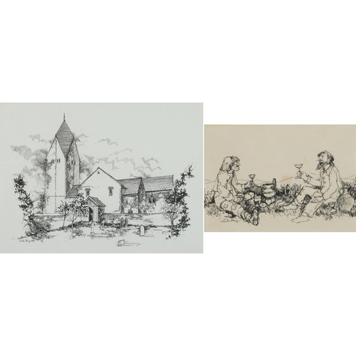 3147 - Churchyard and two figures at a picnic, two ink drawings, each indistinctly signed, possibly G...? S... 