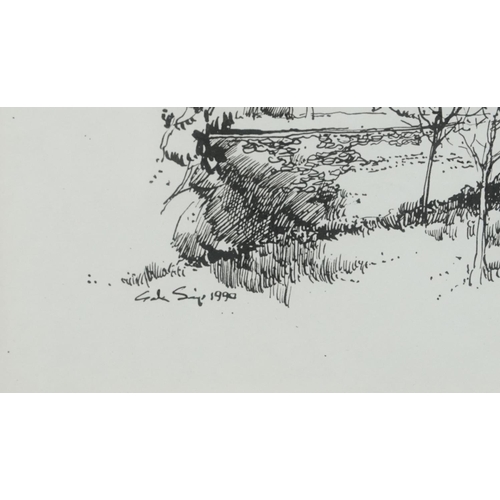 3147 - Churchyard and two figures at a picnic, two ink drawings, each indistinctly signed, possibly G...? S... 