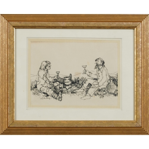 3147 - Churchyard and two figures at a picnic, two ink drawings, each indistinctly signed, possibly G...? S... 