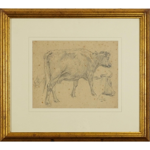 3026 - Richard Henry Brock 1896 -  Studies of a cow facing right, late 19th century pencil sketch, provenan... 