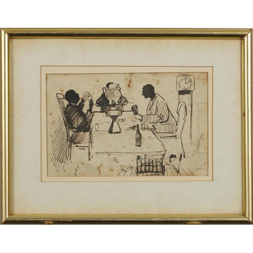 3088 - Attributed to Mark Fisher - Three figures playing cards at a table, ink illustration, various inscri... 