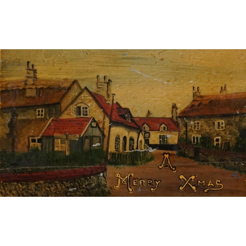 3012 - Village street scene inscribed A Merry Xmas, early 20th century oil on convex wood panel, mounted an... 