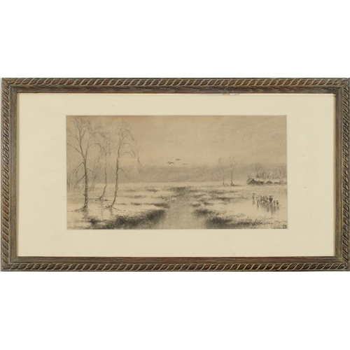 3247 - Marshland landscapes and coastal scene with boats, two 19th century charcoals, one heightened sepia ... 