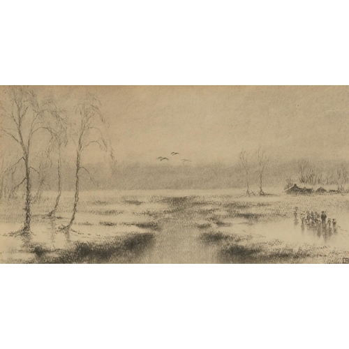 3247 - Marshland landscapes and coastal scene with boats, two 19th century charcoals, one heightened sepia ... 