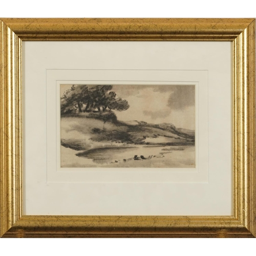 3247 - Marshland landscapes and coastal scene with boats, two 19th century charcoals, one heightened sepia ... 