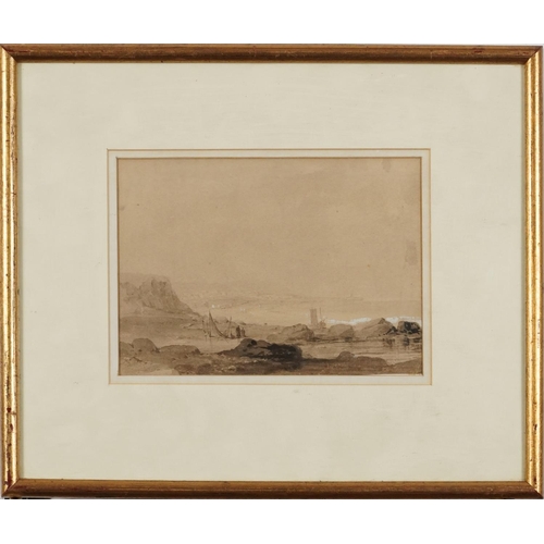 3247 - Marshland landscapes and coastal scene with boats, two 19th century charcoals, one heightened sepia ... 