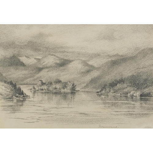 3248 - Mountainous loch scene, village street scene and figures fishing, three 19th century and later penci... 