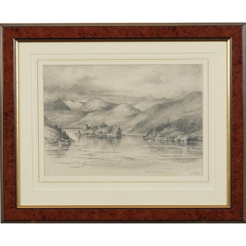 3248 - Mountainous loch scene, village street scene and figures fishing, three 19th century and later penci... 