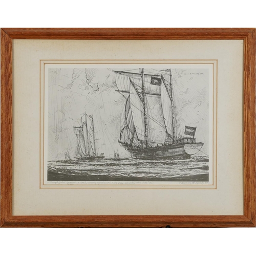 3006 - Ships at sea, set of three pencil signed Maritime lithographic prints, each indistinctly inscribed a... 