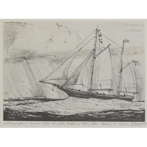 3006 - Ships at sea, set of three pencil signed Maritime lithographic prints, each indistinctly inscribed a... 