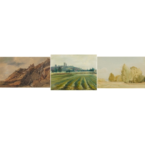 3170 - Rocky mountains and rural landscapes, two watercolours and one oil, one inscribed Jean, each mounted... 