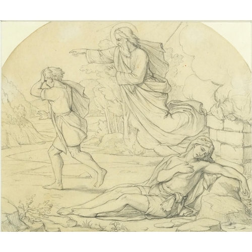 3106 - Attributed to Hans Knochl - Two figures before a saint, Pre Raphaelite school pencil, inscribed vers... 