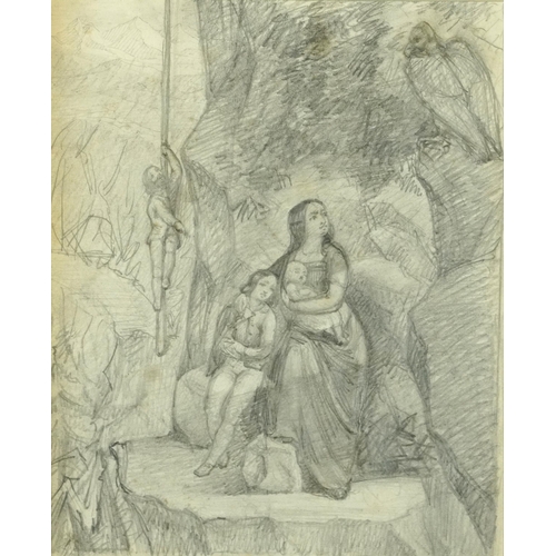 3022 - Rebecca Stanfield - Mother and children sheltering beneath a vulture, 19th century pencil, inscribed... 