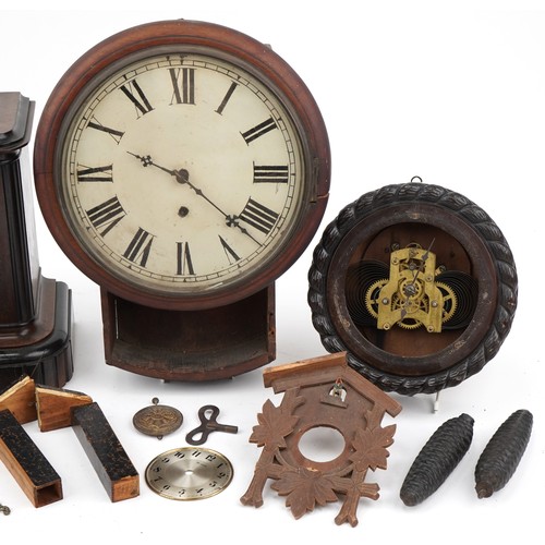 Clocks, parts and cases including a drop dial wall clock and Black
