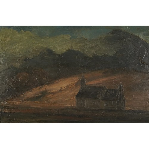 210 - Mountainous landscape with cottage, impasto oil on board, mounted and framed, 59cm x 38.5cm excludin... 