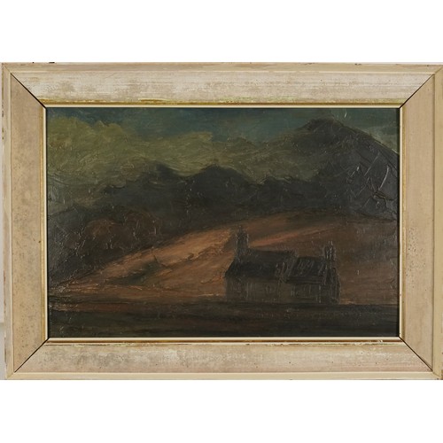 210 - Mountainous landscape with cottage, impasto oil on board, mounted and framed, 59cm x 38.5cm excludin... 