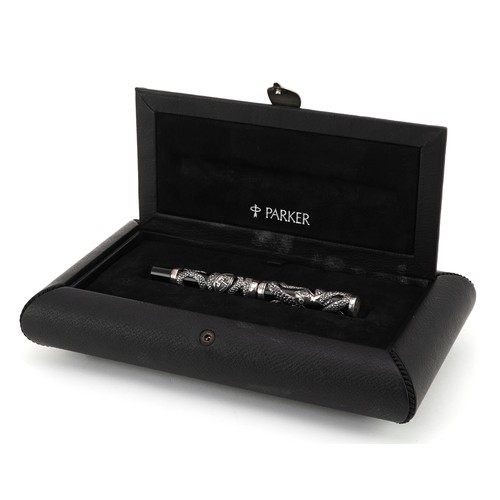 239 - Parker Snake fountain pen with silver overlay, 18k gold nib, fitted case and box together with certi... 