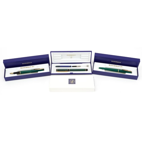 243 - Four Waterman fountain pens with fitted cases including an as new Centurion purple example