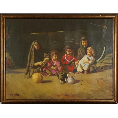 3099 - Ahmad Al Nassry 2004 - Family portrait, Islamic oil on canvas, framed, 79cm x 59cm excluding the fra... 