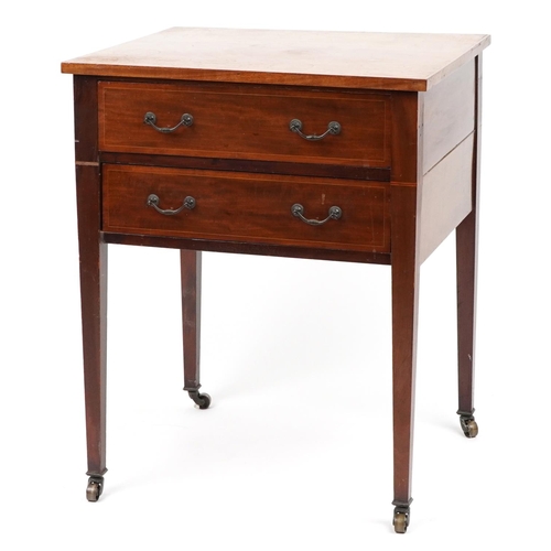 1009 - Jas Shoolbred & Co, Edwardian inlaid mahogany two drawer side table on tapering legs, 76cm H x 62cm ... 