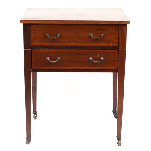 1009 - Jas Shoolbred & Co, Edwardian inlaid mahogany two drawer side table on tapering legs, 76cm H x 62cm ... 