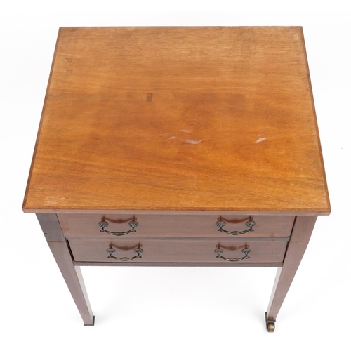 1009 - Jas Shoolbred & Co, Edwardian inlaid mahogany two drawer side table on tapering legs, 76cm H x 62cm ... 