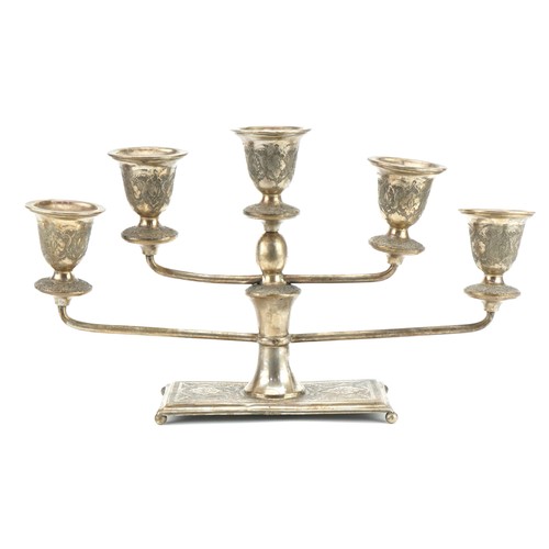 192A - Silver five branch Jewish Menorah candlestick profusely engraved with flowers and foliage, impressed... 