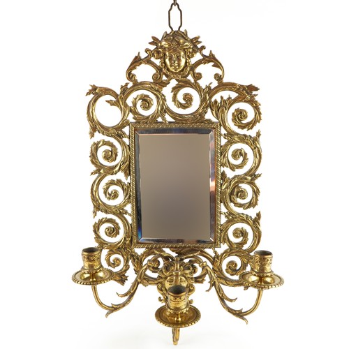 93A - Victorian brass three branch girandole wall mirror with two maiden masks, 47cm high