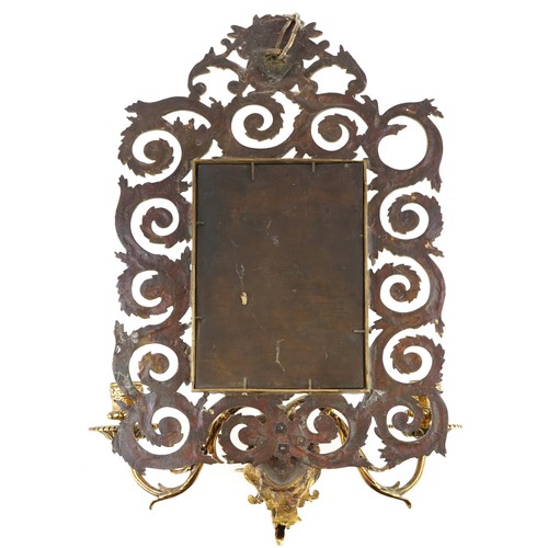 93A - Victorian brass three branch girandole wall mirror with two maiden masks, 47cm high