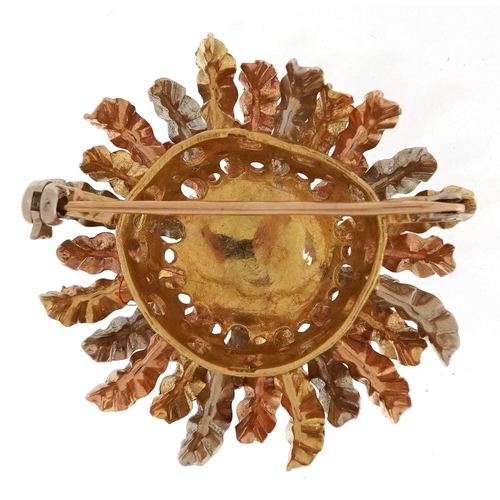 1 - 18ct three tone gold floral brooch, J J London import mark, 3.5cm in diameter, 12.0g