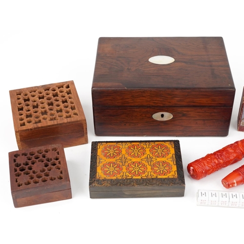 21 - Woodenware and sundry items including a Victorian rosewood box with mother of pearl inlay and two in... 