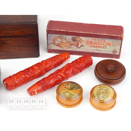 21 - Woodenware and sundry items including a Victorian rosewood box with mother of pearl inlay and two in... 