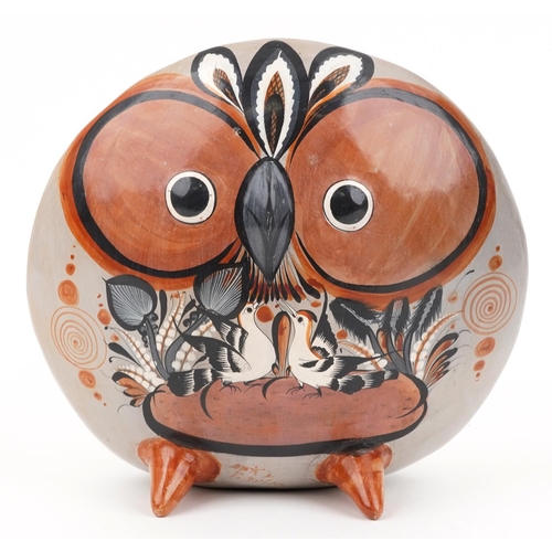 23 - Mid century style South American terracotta sculpture in the form of a stylised owl hand painted wit... 