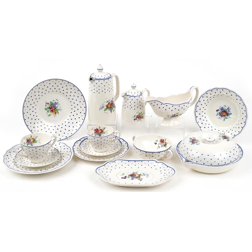 24 - Copeland Spode polka dot dinner and teaware including gravy boat on stand and bowl, the largest 23cm... 