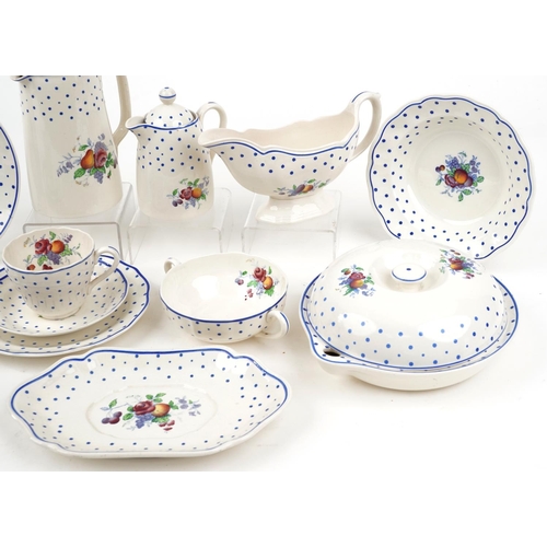 24 - Copeland Spode polka dot dinner and teaware including gravy boat on stand and bowl, the largest 23cm... 