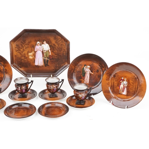 26 - German Sylvia porcelain teaware including various plates and cups decorated with figures, the larges... 