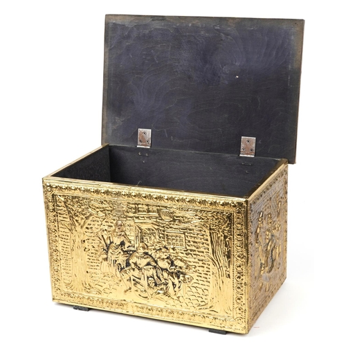 32 - Victorian style brass coal box embossed with figures in taverns, 29.5cm H x 46cm W x 30cm D