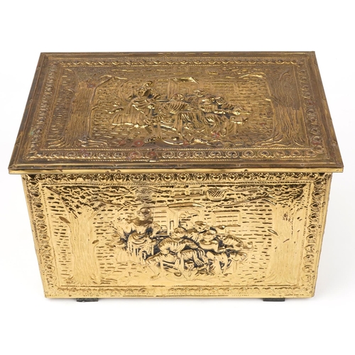 32 - Victorian style brass coal box embossed with figures in taverns, 29.5cm H x 46cm W x 30cm D