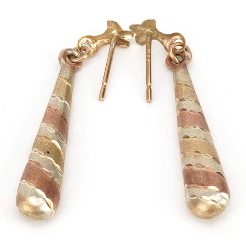 8 - Pair of 9ct three tone gold drop earrings, 3.2cm high, 0.7g