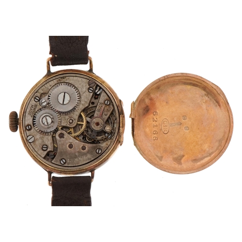 58 - 9ct gold wristwatch with enamelled dial and leather strap, 26mm in diameter, total weight 18.0g