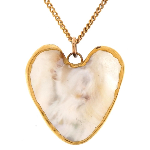 62 - 9ct gold necklace with mother of pearl heart pendant having yellow metal mount, the necklace 44cm in... 