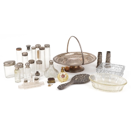 118 - Edwardian and later silver, silver plate and sundry items including vanity jars, some with silver li... 