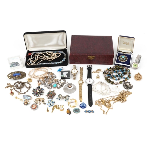 68 - Vintage and later costume jewellery and wristwatches including micro mosaic Malta brooch, animal bro... 