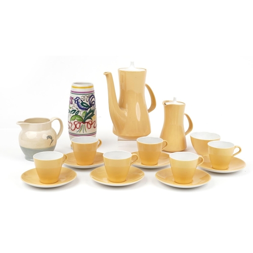 71 - Poole pottery including six place yellow ground tea service and a vase hand painted in the L E patte... 