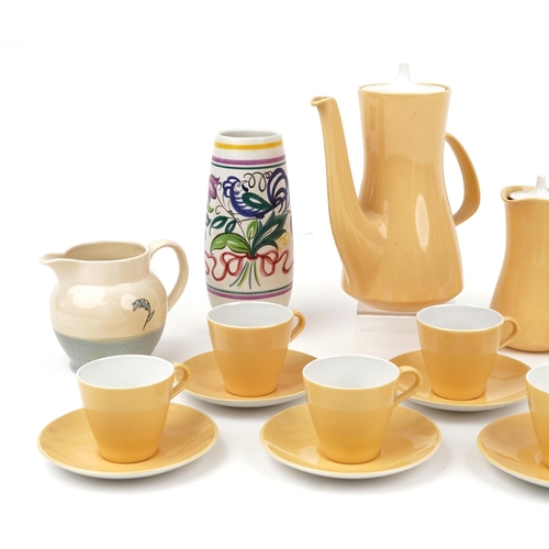 71 - Poole pottery including six place yellow ground tea service and a vase hand painted in the L E patte... 