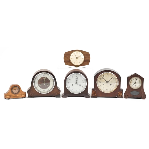 78 - Six mantle clocks including an Art Deco Smith Enfield housed in a brown Bakelite case and four oak e... 