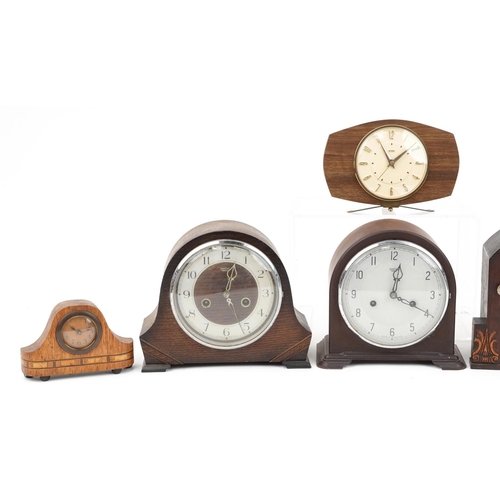 78 - Six mantle clocks including an Art Deco Smith Enfield housed in a brown Bakelite case and four oak e... 