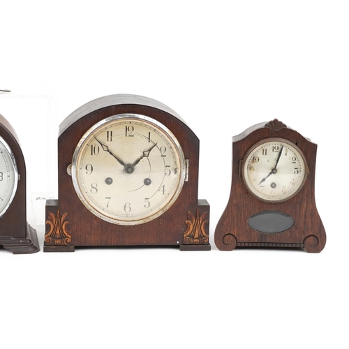 78 - Six mantle clocks including an Art Deco Smith Enfield housed in a brown Bakelite case and four oak e... 